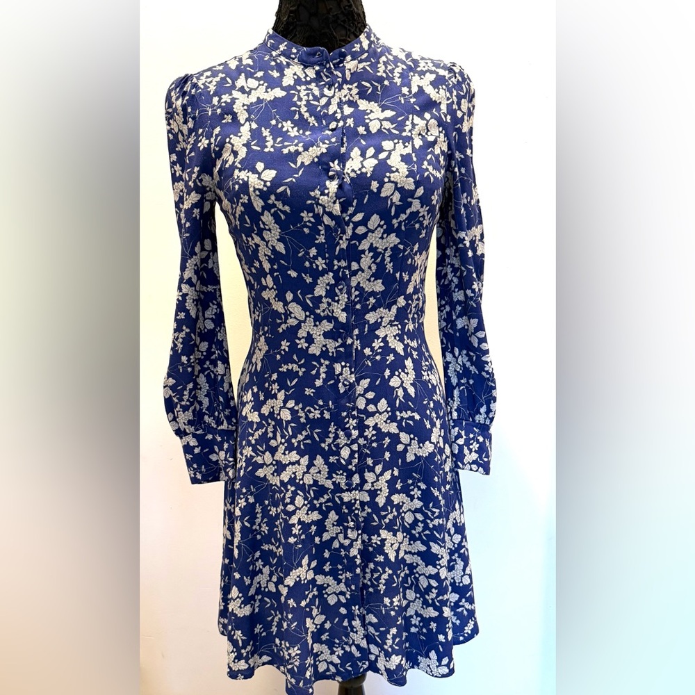 H&M periwinkle blue and white Floral long sleeve, button down mini Dress